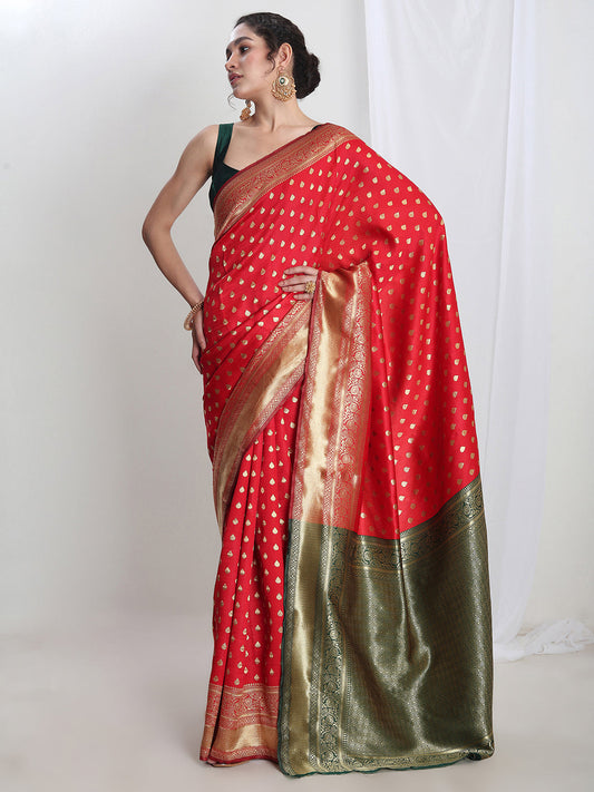Janasya Red Silk Blend Ethnic Motifs Jacquard Saree | Swadesiicart