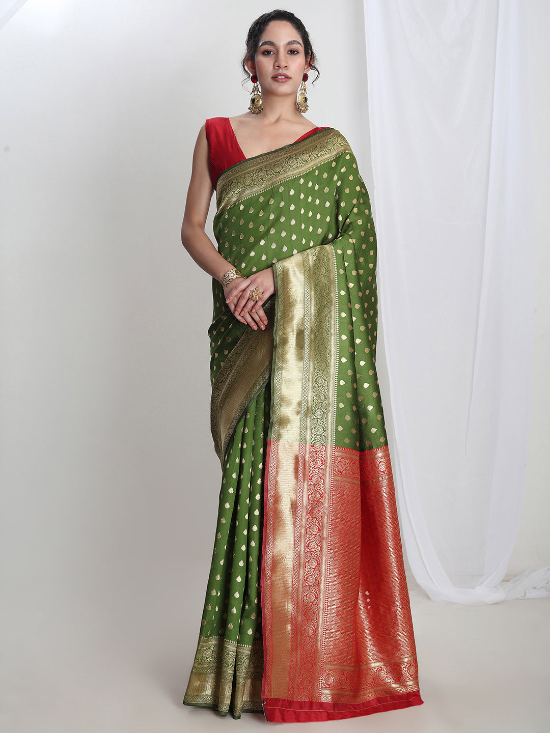 Janasya Green Silk Blend Ethnic Motifs Jacquard Saree | Swadesiicart