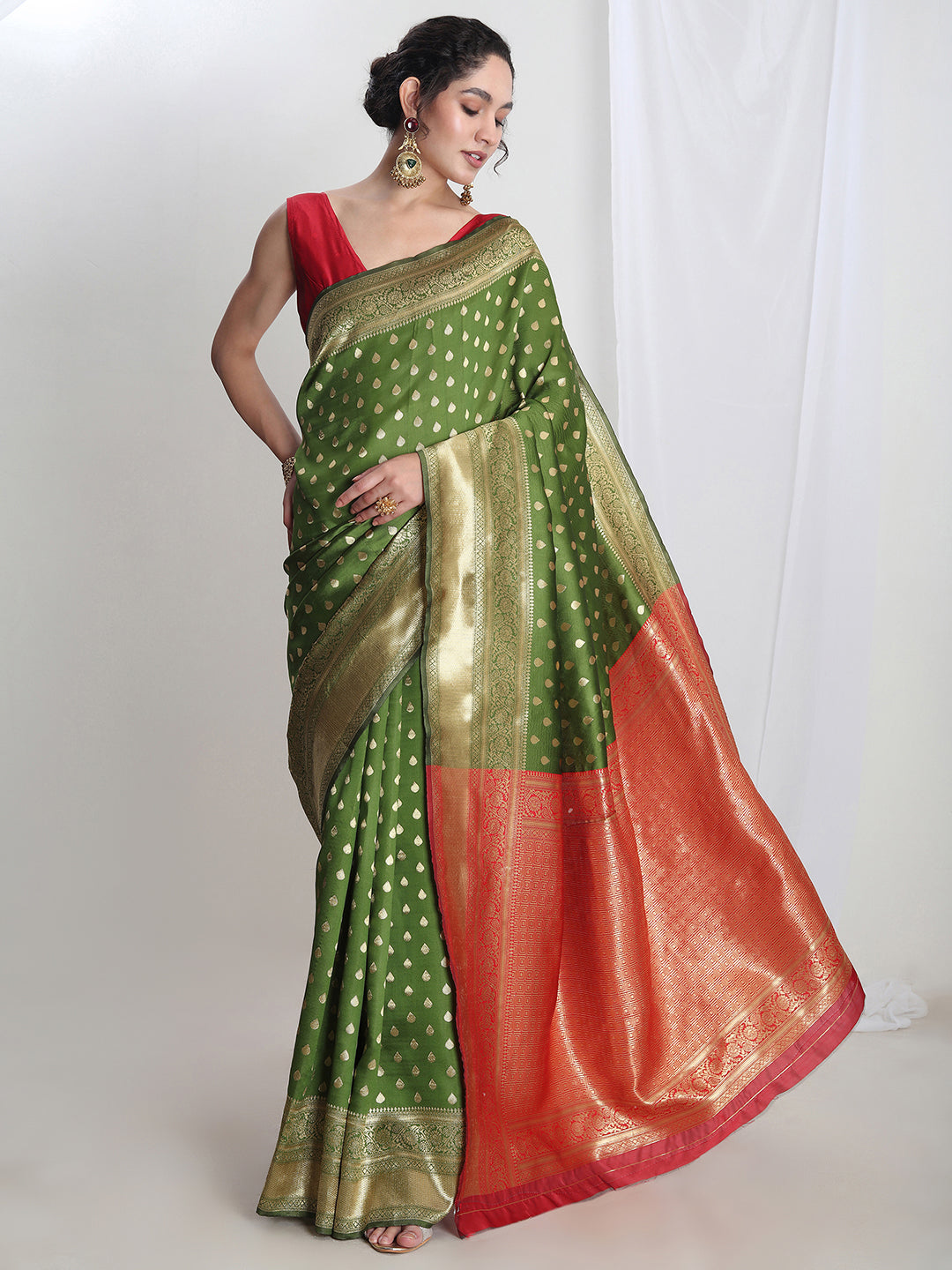 Janasya Green Silk Blend Ethnic Motifs Jacquard Saree | Swadesiicart