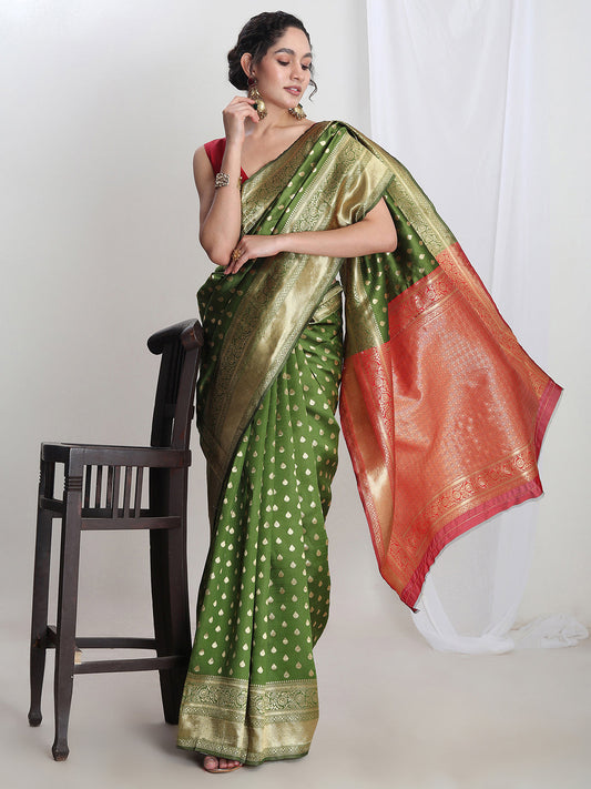 Janasya Green Silk Blend Ethnic Motifs Jacquard Saree | Swadesiicart
