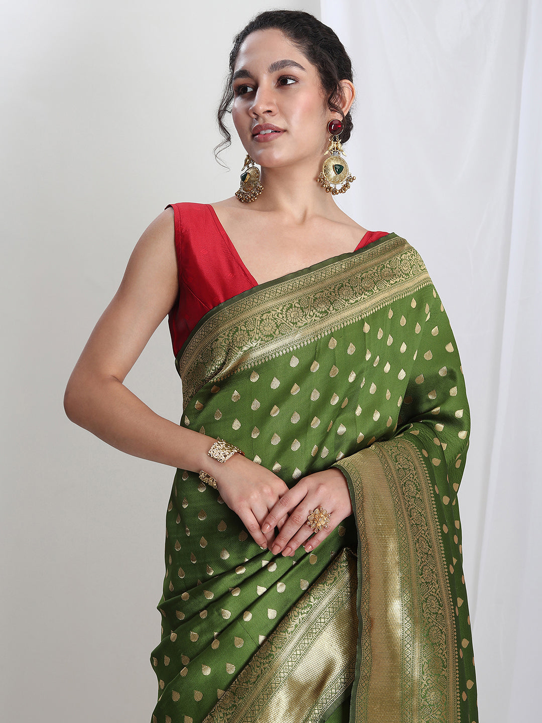 Janasya Green Silk Blend Ethnic Motifs Jacquard Saree | Swadesiicart