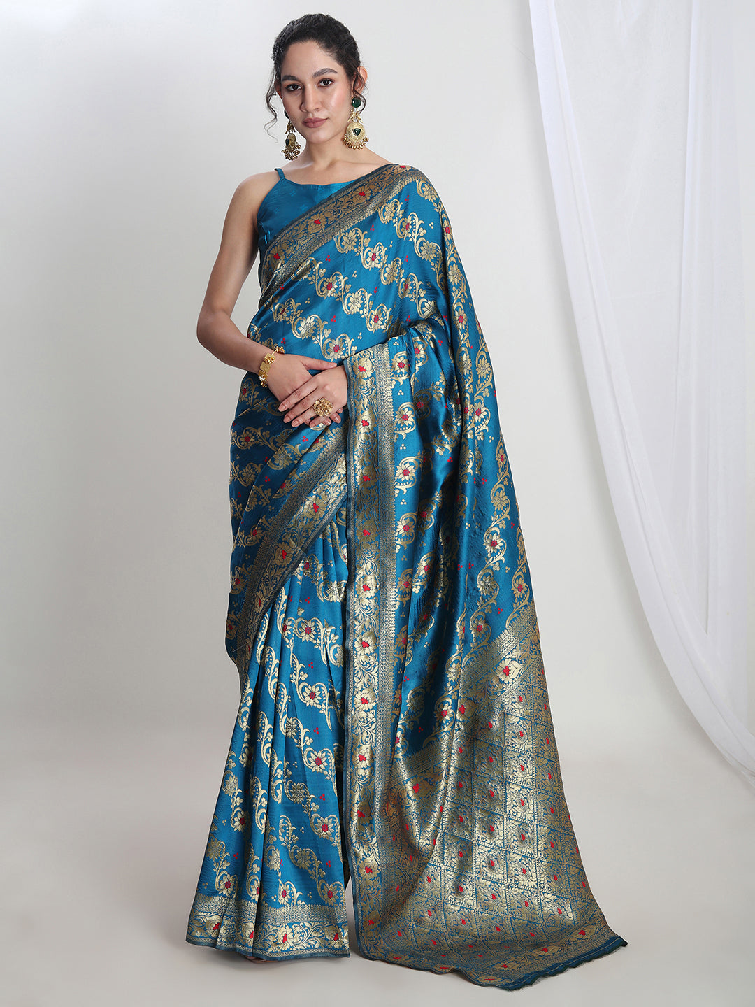 Janasya Teal Blue Silk Blend Floral Jacquard Saree | Swadesiicart