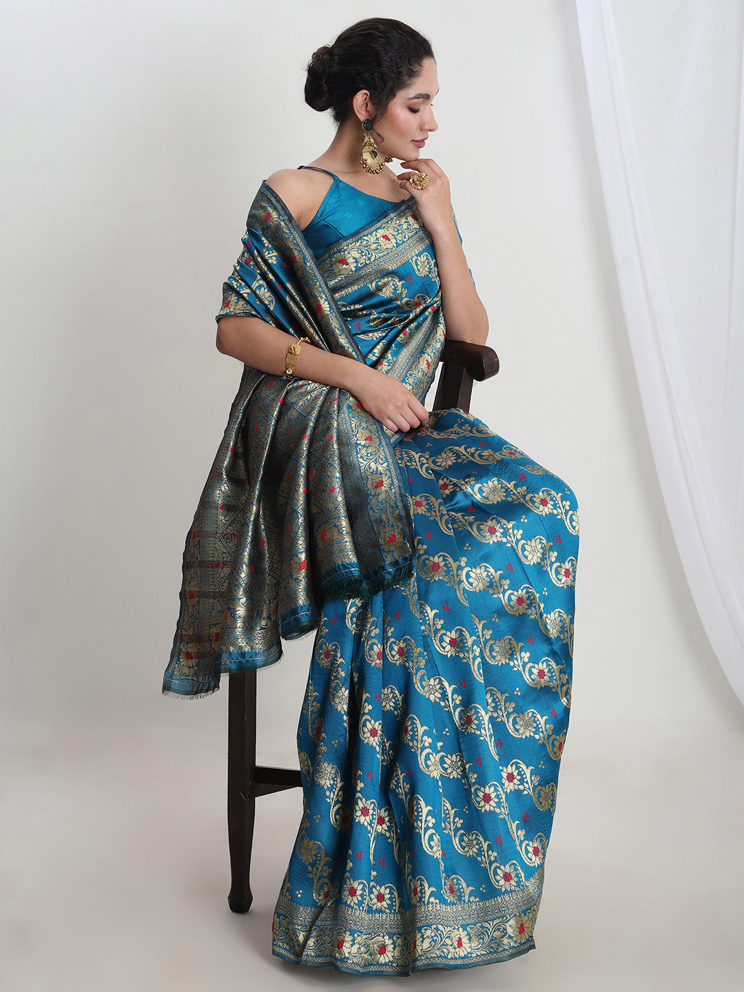 Janasya Teal Blue Silk Blend Floral Jacquard Saree | Swadesiicart