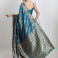 Janasya Teal Blue Silk Blend Floral Jacquard Saree | Swadesiicart
