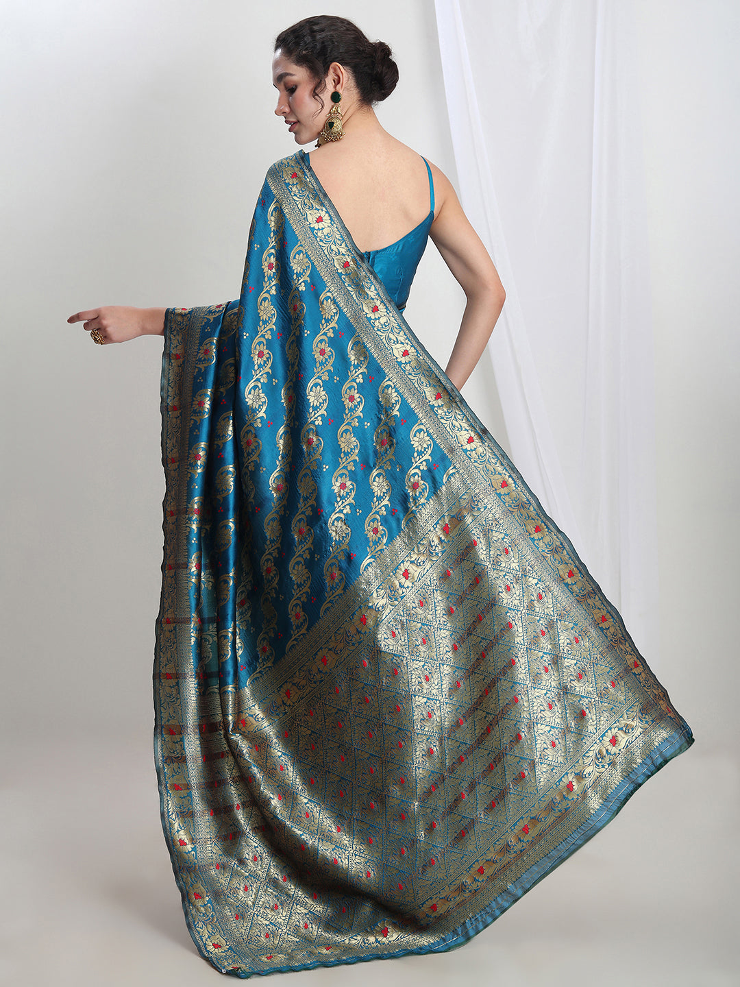 Janasya Teal Blue Silk Blend Floral Jacquard Saree | Swadesiicart