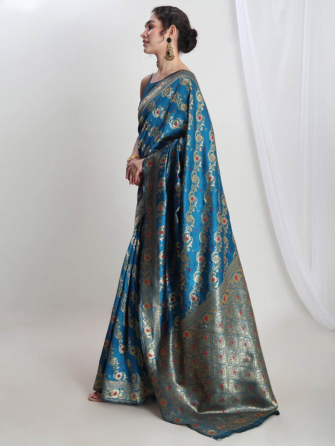 Janasya Teal Blue Silk Blend Floral Jacquard Saree | Swadesiicart