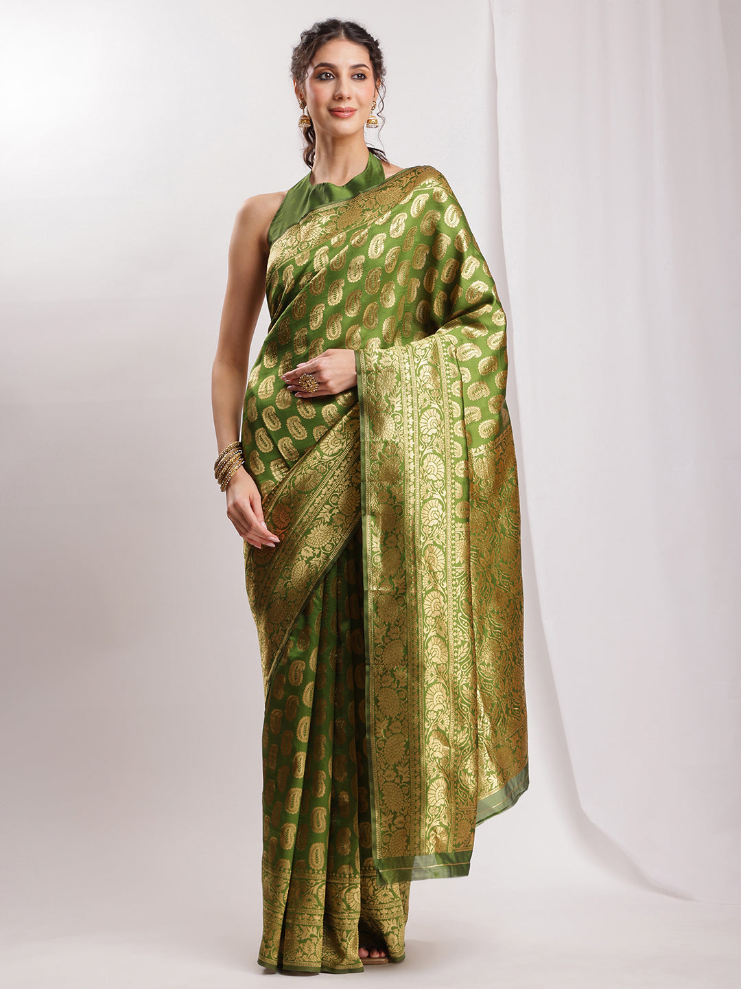 Janasya Green Silk Blend Paisley Jacquard Saree | Swadesiicart
