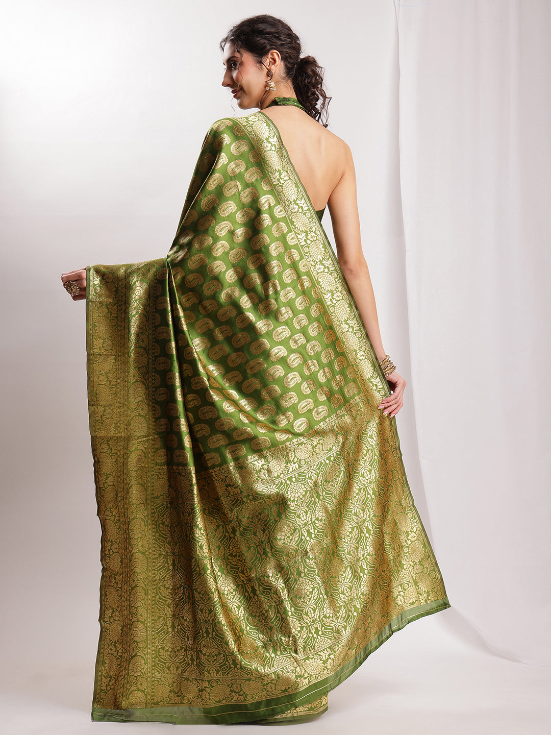 Janasya Green Silk Blend Paisley Jacquard Saree | Swadesiicart
