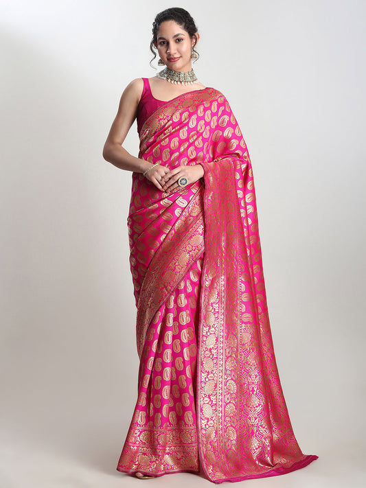 Janasya Pink Silk Blend Paisley Jacquard Saree | Swadesiicart
