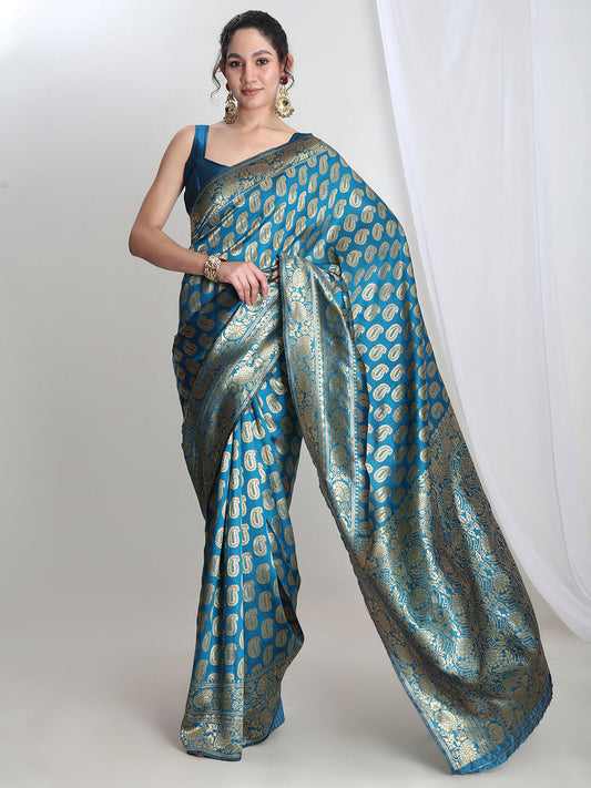 Janasya Blue Silk Blend Paisley Jacquard Saree | Swadesiicart