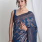 Janasya Blue Silk Blend Floral Jacquard Saree | Swadesiicart