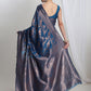 Janasya Blue Silk Blend Floral Jacquard Saree | Swadesiicart