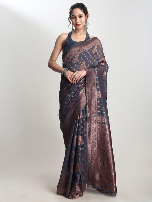 Janasya Grey Silk Blend Floral Jacquard Saree | Swadesiicart