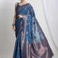 Janasya Teal Blue Silk Blend Floral Jacquard Saree | Swadesiicart