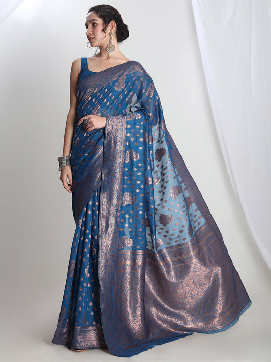 Janasya Teal Blue Silk Blend Floral Jacquard Saree | Swadesiicart