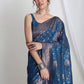 Janasya Teal Blue Silk Blend Floral Jacquard Saree | Swadesiicart