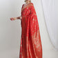 Janasya Red Silk Blend Geometric Jacquard Saree | Swadesiicart