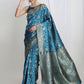 Janasya Teal Blue Silk Blend Geometric Jacquard Saree | Swadesiicart