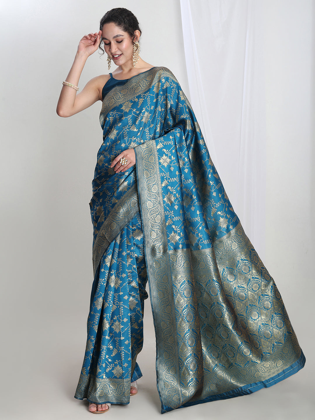 Janasya Teal Blue Silk Blend Geometric Jacquard Saree | Swadesiicart