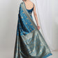 Janasya Teal Blue Silk Blend Geometric Jacquard Saree | Swadesiicart