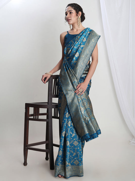 Janasya Teal Blue Silk Blend Geometric Jacquard Saree | Swadesiicart