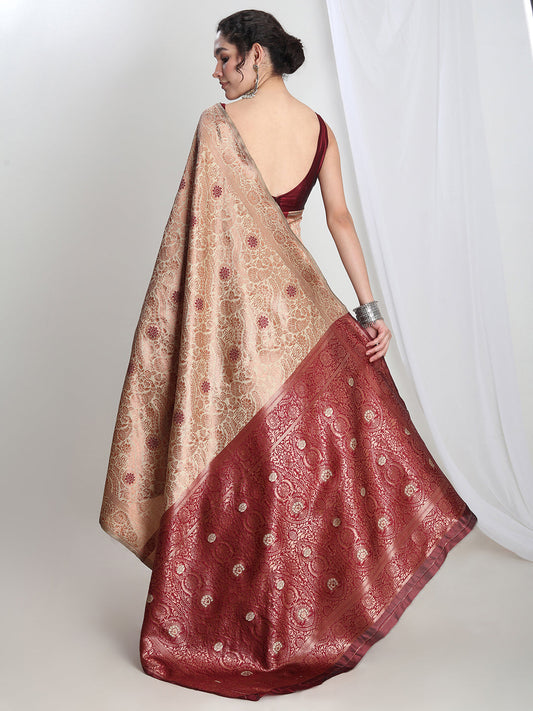 Janasya Beige Silk Blend Floral Jacquard Saree | Swadesiicart