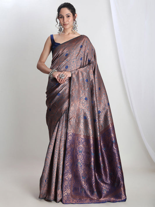 Janasya Grey Silk Blend Floral Jacquard Saree | Swadesiicart