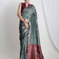 Janasya Sea Green Silk Blend Floral Jacquard Saree | Swadesiicart