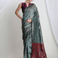 Janasya Sea Green Silk Blend Floral Jacquard Saree | Swadesiicart
