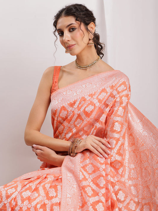 Janasya Peach Silk Blend Floral Jacquard Saree | Swadesiicart
