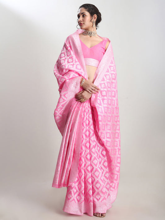 Janasya Pink Silk Blend Floral Jacquard Saree | Swadesiicart