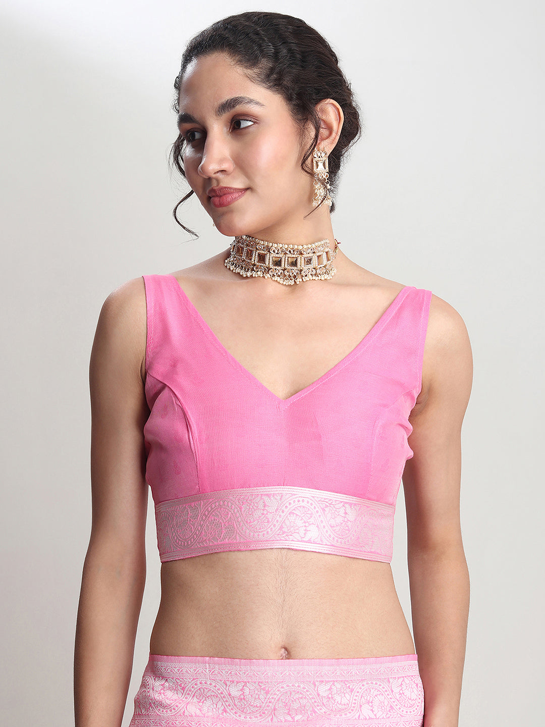 Janasya Pink Silk Blend Floral Jacquard Saree | Swadesiicart