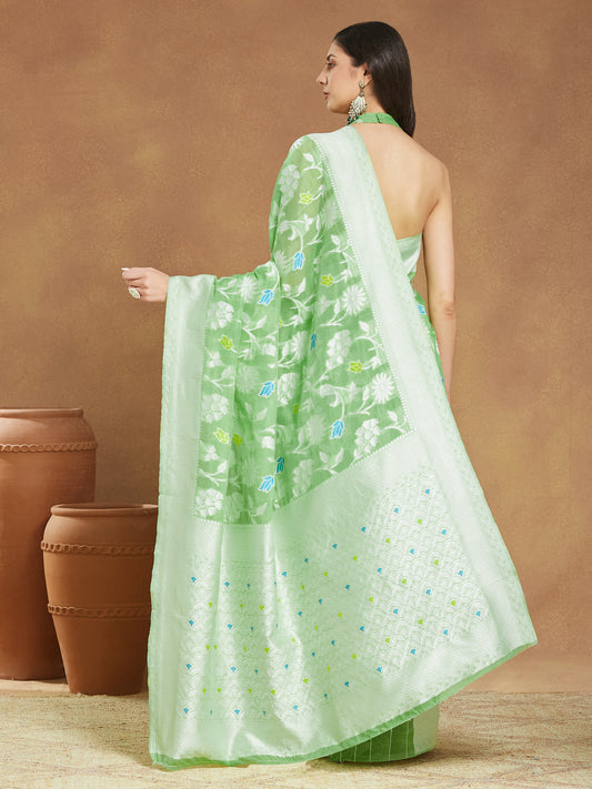 Janasya Light Green Silk Blend Floral Jacquard Saree | Swadesiicart