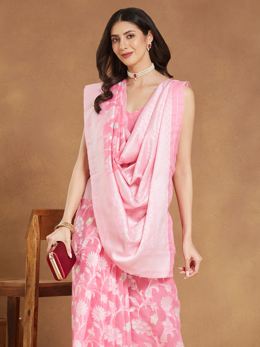 Janasya Light Pink Silk Blend Floral Jacquard Saree | Swadesiicart