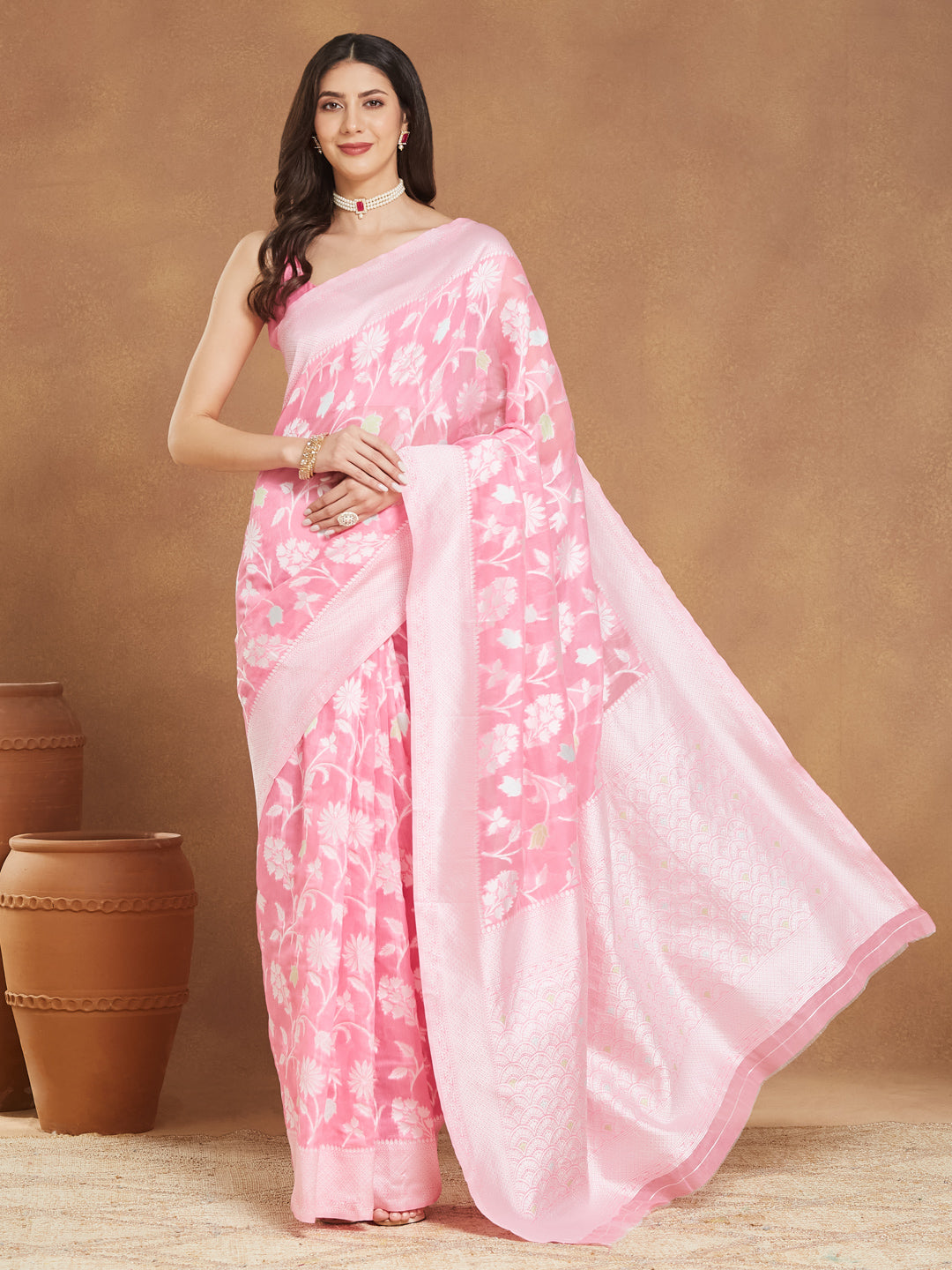 Janasya Light Pink Silk Blend Floral Jacquard Saree | Swadesiicart