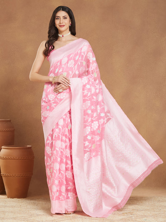 Janasya Light Pink Silk Blend Floral Jacquard Saree | Swadesiicart