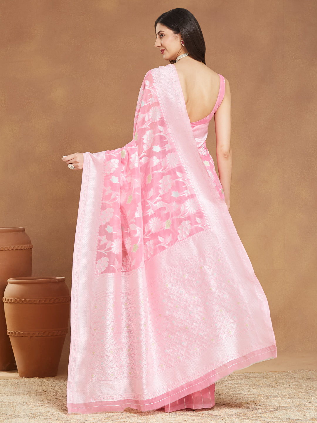 Janasya Light Pink Silk Blend Floral Jacquard Saree | Swadesiicart