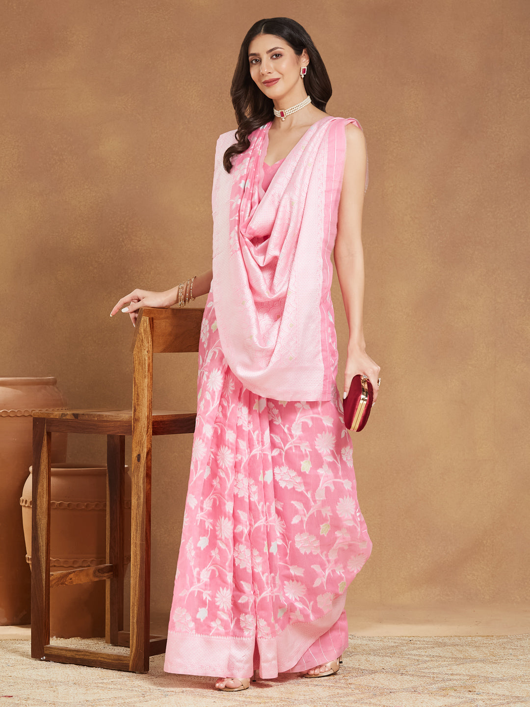 Janasya Light Pink Silk Blend Floral Jacquard Saree | Swadesiicart
