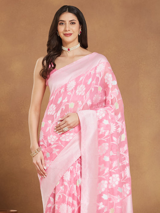 Janasya Light Pink Silk Blend Floral Jacquard Saree | Swadesiicart