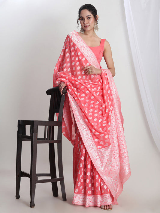 Janasya Coral Silk Blend Floral Jacquard Saree | Swadesiicart