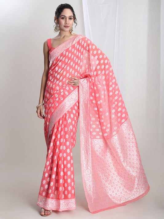 Janasya Coral Silk Blend Floral Jacquard Saree | Swadesiicart