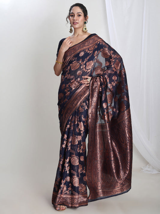Janasya Navy Blue Silk Blend Floral Jacquard Saree | Swadesiicart