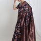 Janasya Navy Blue Silk Blend Floral Jacquard Saree | Swadesiicart