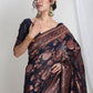 Janasya Navy Blue Silk Blend Floral Jacquard Saree | Swadesiicart