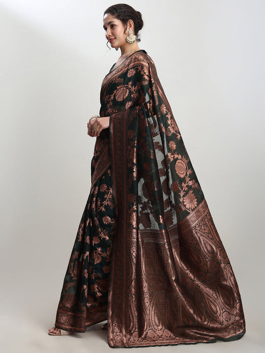 Janasya Dark Green Silk Blend Floral Jacquard Saree | Swadesiicart