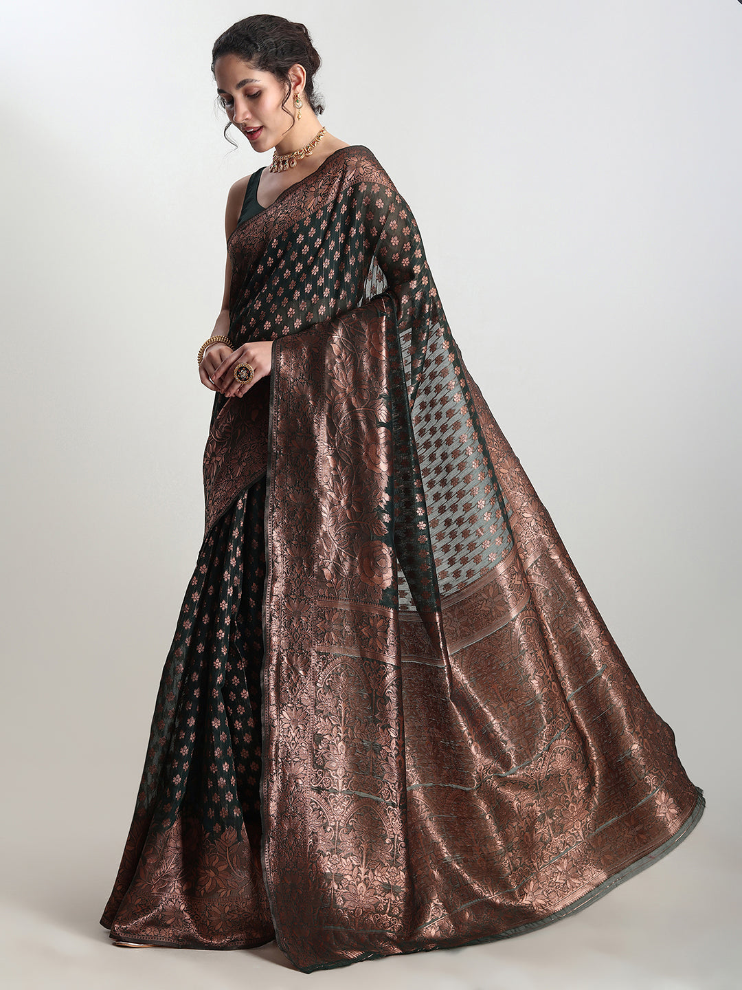 Janasya Dark Green Silk Blend Floral Jacquard Saree | Swadesiicart