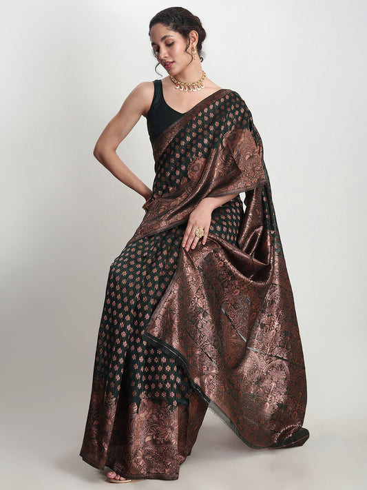 Janasya Dark Green Silk Blend Floral Jacquard Saree | Swadesiicart