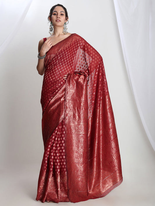 Janasya Red Silk Blend Floral Jacquard Saree | Swadesiicart