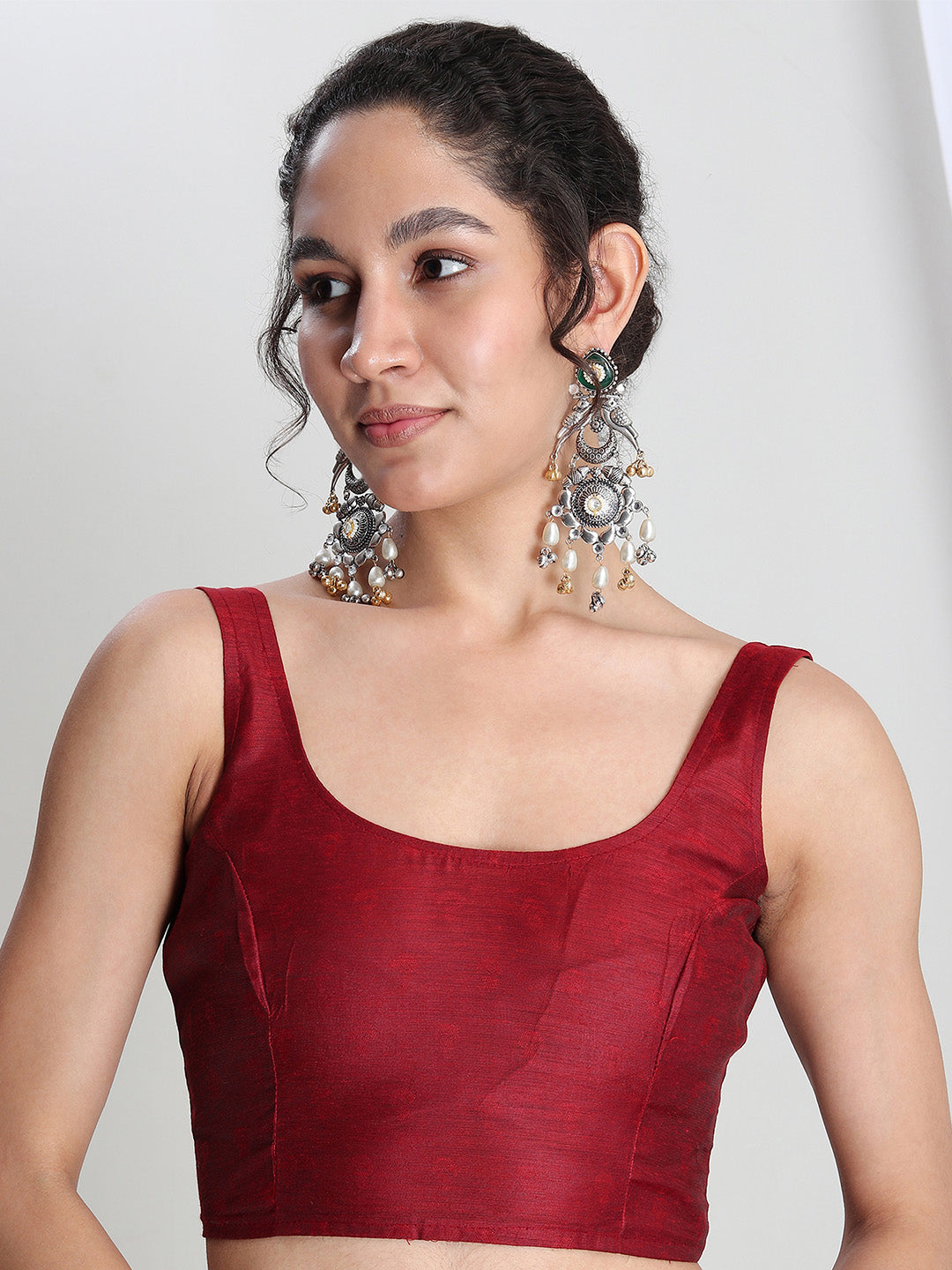 Janasya Red Silk Blend Floral Jacquard Saree | Swadesiicart
