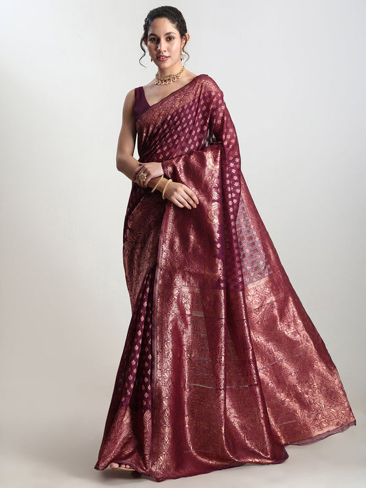 Janasya Purple Silk Blend Floral Jacquard Saree | Swadesiicart